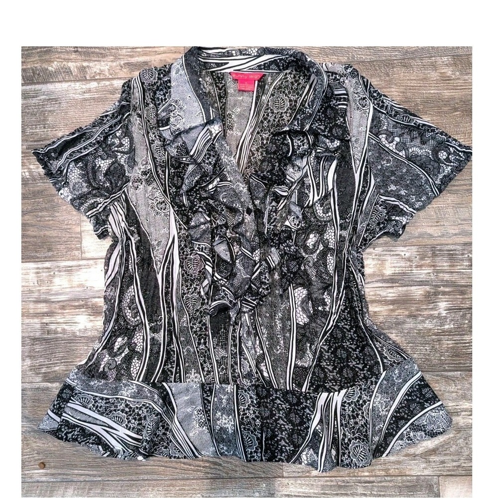 Sunny Leigh Women's XL Ruffle Blouse Black White Print Career Office Cottagecore